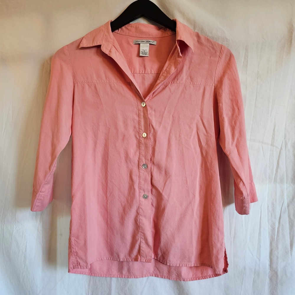 Jillian‎ Jones Coral Pink 100% Silk 3/4 Sleeve Button Down Small Shirt Vintage